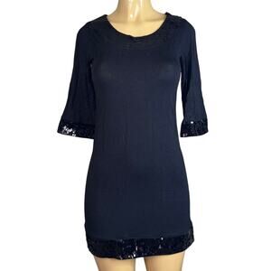 Kensie Pretty Solid Black Sequin Trim Dress Cropped Sleeve Size XS